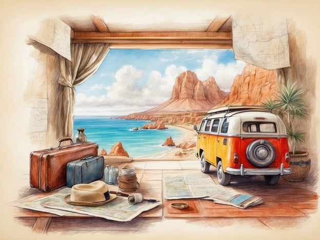 Auf dem Bild ist eine wunderschöne Aussicht aus einem offenen Fenster zu sehen, die einen atemberaubenden Küstenblick zeigt. Im Vordergrund stehen zwei alte Koffer und einige Reiseutensilien wie eine Karte, ein Hut und ein paar Flaschen. Neben den Koffern steht ein klassischer VW-Bus, der mit seinen warmen Farben an Abenteuer und Freiheit erinnert.Dieses Bild weckt Erinnerungen an Roadtrips und das Erkunden neuer Orte. Man kann sich vorstellen, wie man mit Freunden in einem ähnlichen Bus durch malerische Landschaften fährt, die frische Meeresbrise spürt und Fernweh hat. Der Anblick der majestätischen Klippen und des glitzernden Wassers lädt geradezu ein zu einem spontanen Aufenthalt am Strand oder zu einem entspannten Picknick in der Natur. Es hat diesen nostalgischen Charme der Reisen in vergangene Zeiten, als das Abenteuer noch umso greifbarer war.