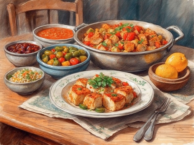Auf dem Bild ist eine vielfältige Auswahl an Speisen zu sehen, die die Vielfalt der montenegrinischen Küche widerspiegeln. Es gibt ein Hauptgericht, das wohl aus gebratenem Fleisch oder Fisch besteht, und es ist hübsch mit Kräutern und Gemüse garniert. Dazu sind verschiedene Beilagen in bunten Schalen angeordnet, darunter ein frischer Salat mit Oliven und Gemüse sowie eine Reisspeise, die typisch für die Region sind.Zusätzlich ist eine herzliche Tomatensuppe zu sehen, die oft in der montenegrinischen Küche serviert wird. Die üppige Präsentation der Speisen und die Verwendung von frischen Zutaten verdeutlichen die Aromen und Traditionen, die die montenegrinische Küche prägen. Die Zitrusfrüchte auf dem Tisch bringen eine frische Note und ergänzen das Gesamtbild der Mahlzeit.