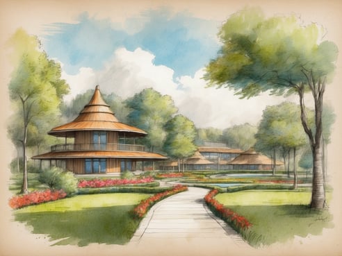 Eine malerische Ansicht des Roompot Parks Bois de Valmarie, die mehrere architektonisch ansprechende Gebäude mit runden, holzverkleideten Fassaden und spitzen Dächern zeigt. Umgeben von üppigen, grünen Bäumen und bunten Blumenbeeten führt ein gewundener Weg durch eine gepflegte Rasenfläche. Die sanfte Landschaft und die harmonische Architektur vermitteln ein Gefühl von Ruhe und Naturverbundenheit.