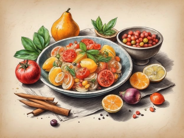 Auf dem Bild ist eine bunte und ansprechende Obst- und Gemüsesalat dargestellt. Die Zutaten scheinen frisch und saisonal zu sein.Die verschiedenen Tomatensorten und Zitrusfrüchte wie Zitronen und Orangen könnten typisch für ein mediterranes Klima sein, wo solch frische Produkte leicht erhältlich sind. Auch die eingelegten Zwiebeln verleihen dem Salat eine besondere Note.Ergänzt wird das Ganze durch Kräuter wie Basilikum, die nicht nur aromatisch sind, sondern auch häufig in der italienischen Küche Verwendung finden.Die Zimtstangen im Vordergrund deuten darauf hin, dass hier möglicherweise eine süße oder würzige Komponente im Spiel ist, was oft in traditionellen Rezepten vorkommt, insbesondere in der Winterküche.Alles in allem könnte dieses Gericht eine erfrischende und gesunde Option für eine sommerliche Mahlzeit darstellen, vielleicht begleitet von regionalen Brotsorten oder Käse.