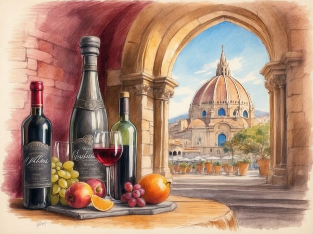 Auf dem Bild ist eine stilvolle Anordnung von Weinflaschen und einem Glas Wein zu sehen, umgeben von frischen Früchten wie Trauben, Äpfeln und einer Orange. Im Hintergrund erblickt man eine beeindruckende Architektur, die an eine Kirche oder eine Kathedrale erinnert.Wein hat in vielen Kulturen eine tiefere Bedeutung, verbunden mit Genuss, Feierlichkeiten und Geselligkeit. Er symbolisiert häufig die Verbindung zu Traditionen und dem ländlichen Leben. Schnaps hingegen, häufig als stärkere Spirituose verstanden, wird oft als ein Genussmittel angesehen, das in geselligen Runden oder zu besonderen Anlässen konsumiert wird. Beide Getränke können die Sinne anregen und die Atmosphäre einer Zusammenkunft bereichern.