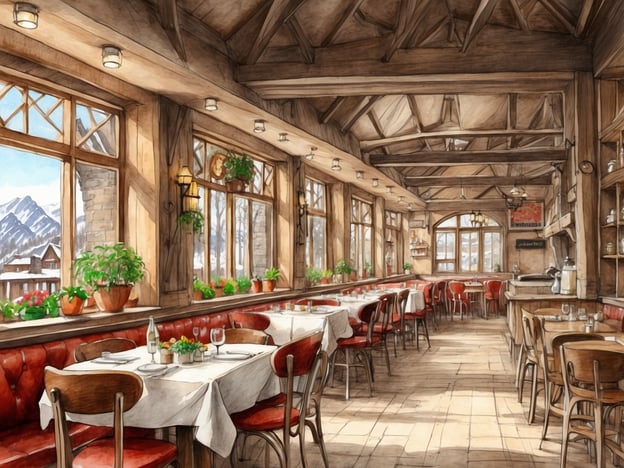 Auf dem Bild ist ein einladendes Restaurant zu sehen, das hell und freundlich wirkt, mit großen Fenstern, durch die viel Licht strömt. Die Einrichtung ist rustikal, mit Holzbalken und einer warmen Farbpalette, die eine gemütliche Atmosphäre schafft.In Elbingerode können Sie kulinarische Highlights wie traditionelle Harzer Küche erleben. Zu den Spezialitäten gehören beispielsweise die berühmte Harzer Käseplatte, deftige Wildgerichte aus der Region und hausgemachte Kuchen, die perfekt zum Kaffee passen. Auch regionale Biere und selbstgemachte Limonaden sind beliebte Getränke, die Sie in vielen Restaurants dort finden können.
