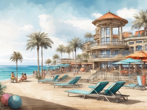 Eine malerische Ansicht von Roompot Park - Le Vieux Port, die das Strandleben zeigt. Im Vordergrund sind mehrere Liegen in einem hellen Blau angeordnet, umgeben von Palmen. Auf dem Sandstrand genießen Menschen die Sonne, während man im Hintergrund eine attraktive Gebäudeansicht mit einer Kuppel und großen Fenstern sieht. Das Meer glitzert in einem sanften Blau und der Himmel ist hell und freundlich. Einige Liegen sind mit orangefarbenen Sonnenschirmen geschmückt, und bunte Strandbälle liegen im Sand.