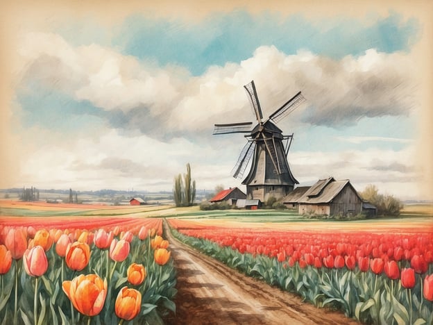 Auf dem Bild sind farbenfrohe Tulpenfelder zu sehen, die eine idyllische Landschaft mit einem historischen Windrad und einigen Scheunen umranden. Diese Art von Landschaft ist typisch für die Niederlande und bietet eine hervorragende Kulisse für Fahrradtouren.Die besten Fahrradrouten in den Niederlanden führen oft durch solche malerischen Gebiete. Eine empfehlenswerte Route ist der „Bloemenroute“, die besonders während der Blütezeit der Tulpen beeindruckend ist. Sie können auch die „Hollandsche Biesbosch“-Route erkunden, die durch wunderschöne Naturreservate und entlang von Wasserwegen führt.