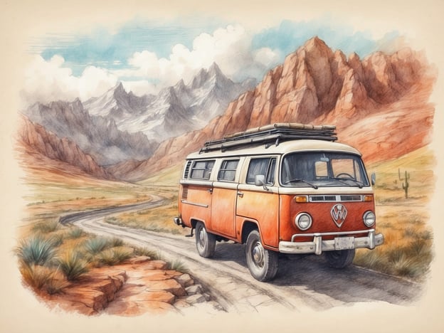 Auf dem Bild ist ein orangefarbener VW-Bus in einer landschaftlichen Umgebung mit Bergen und Wüste zu sehen.Hier sind einige Tipps für eine gelungene Fahrradtour:1. **Planung der Route**: Wähle eine Route, die zu deinem Fitnesslevel passt und landschaftlich schön ist. Nutze Karten oder Apps, um die Strecke zu planen.2. **Überprüfe dein Fahrrad**: Stelle sicher, dass dein Fahrrad gut gewartet ist. Prüfe die Reifen, Bremsen und die Gangschaltung vor der Abfahrt.3. **Richtige Ausrüstung**: Trage einen Helm und geeignete Kleidung. Wasserflaschen und Snacks sind wichtig, um während der Fahrt gut hydriert und energisch zu bleiben.4. **Pausen einplanen**: Plane regelmäßige Pausen ein, um dich auszuruhen, die Landschaft zu genießen und etwas zu essen.5. **Wetter beachten**: Informiere dich über die Wettervorhersage und kleide dich entsprechend.6. **Sicherheit geht vor**: Achte auf Verkehrsregeln und sei vorsichtig, insbesondere in stark befahrenen Gebieten.Mit diesen Tipps wird deine Fahrradtour sicher und angenehm!