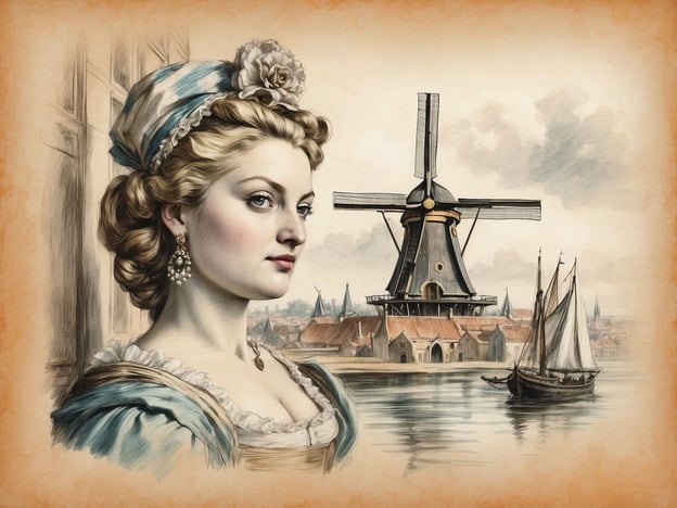 Auf dem Bild ist ein klassisches niederländisches Motiv zu sehen, das sowohl Elemente der Landschaft als auch der menschlichen Darstellung kombiniert. Im Vordergrund ist eine elegant gekleidete Frau mit einem feinen Gesichtsausdruck abgebildet. Ihr Blick ist nachdenklich und stolz, was an die Porträts aus dem Goldenen Zeitalter der Niederlande erinnert, wo die Darstellung des Individuums hoch geschätzt wurde.Im Hintergrund sieht man ein typisches niederländisches Windrad, das sich malerisch in die Landschaft einfügt. Dies symbolisiert die holländische Landschaft und deren enge Verbindung zur Wasserwirtschaft, die für die Niederlande von großer Bedeutung ist. Sowohl die Architektur der Stadt als auch die Segelboote auf dem Wasser tragen zur idyllischen Atmosphäre bei und spiegeln die maritime Geschichte des Landes wider.Diese Kombination von Mensch und Landschaft ist charakteristisch für viele Werke in der Geschichte der niederländischen Kunst, die oft das Alltagsleben und die natürliche Schönheit des Landes thematisieren.
