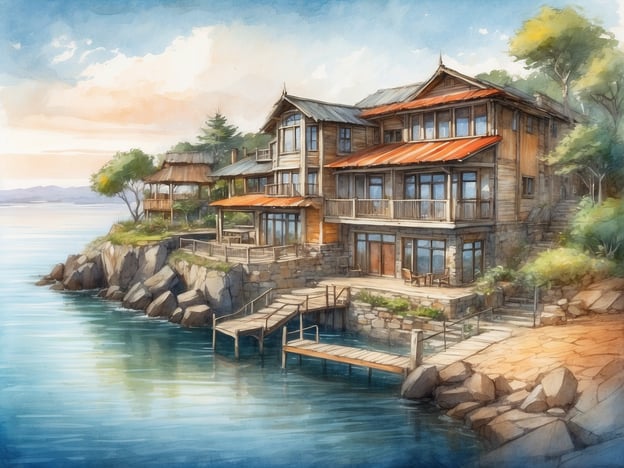 Auf dem Bild ist eine malerische Szene zu sehen, in der ein stilvolles Haus am Wasser steht, eingebettet in eine natürliche Landschaft. Das Gebäude hat eine Holzkonstruktion mit einem roten Dach und große Fenster, die einen Blick auf den ruhigen Wasserbereich bieten.Das Leben am Wasser bringt oft eine besondere Lebensqualität mit sich. Man kann die sanften Wellen hören, die das Ufer umspielen, und die frische, salzige Brise genießen. Es bietet Raum für Freizeitaktivitäten wie Schwimmen, Bootfahren oder einfach nur Entspannen auf der Veranda. Die Nähe zur Natur schafft eine beruhigende Atmosphäre, die viele Menschen als besonders wohltuend empfinden. Hier könnte man atemberaubende Sonnenuntergänge beobachten und die Schönheit des Wassers in voller Pracht erleben.