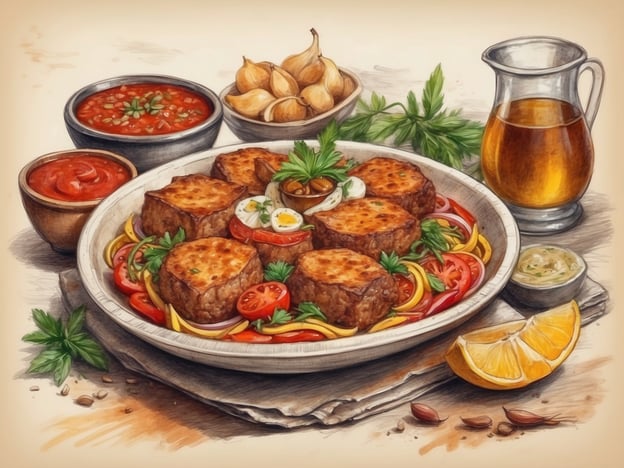 Auf dem Bild sind kulinarische Genüsse aus Nordmazedonien zu sehen. Im Mittelpunkt steht ein Gericht, das vermutlich aus gegrilltem oder gebratenem Fleisch besteht, das typischerweise gewürzt und auf einem Bett aus Gemüse serviert wird. Dazu gibt es verschiedene Saucen, möglicherweise eine Tomatensauce und eine Joghurtsauce, die oft zu mazedonischen Gerichten gereicht werden.Neben dem Hauptgericht sind frische Kräuter und einige Beilagen wie Knoblauch und Zwiebeln zu sehen. Ein Glas mit einer klaren Flüssigkeit könnte entweder Wasser oder ein traditionelles Getränk wie Rakija sein. Die Anrichtung ist bunt und einladend, was für die Küche Nordmazedoniens typisch ist.