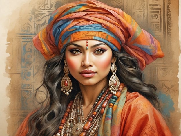 Auf dem Bild ist eine Frau zu sehen, die traditionelle Kleidung trägt, die reich an Farben und kulturellen Symbolen ist. Ihr Kopftuch ist auffällig und kunstvoll drapiert, was auf eine tiefe Verbundenheit zu kulturellen Traditionen hinweist.Die Schmuckstücke, wie die großen Ohrringe und die vielen Halsketten, sind typische Merkmale verschiedener Kulturen, die oft Geschichte und Symbolik repräsentieren. Die Kombination aus Farben und Materialien kann auf regionale Besonderheiten hinweisen und spiegelt die Vielfalt und den Reichtum kultureller Identitäten wider.Solche Darstellungen fördern das Bewusstsein für die Schönheit und Vielfalt menschlicher Traditionen und das Verständnis für unterschiedliche kulturelle Ausdrucksformen.