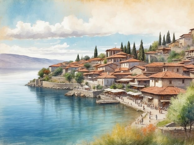 Das Bild zeigt eine malerische Küstenlandschaft, die an die historische Stadt Ohrid am Ohridsee erinnert. Ohrid ist bekannt für seine atemberaubende Kulisse, die von alten Gebäuden, steilen Ufern und klarem Wasser geprägt ist. Die Architektur, mit den charakteristischen roten Ziegeldächern und steinernen Häusern, spiegelt das reichhaltige kulturelle Erbe wider.Die Stadt ist auch für ihre antike Geschichte berühmt, einschließlich der zahlreichen Kirchen, Klöster und der legendären Schreibschule von Ohrid. Diese Stätte ist Teil des UNESCO-Weltkulturerbes und zieht viele Besucher an, die die Verbindung von Natur und Kultur erleben möchten. Die ruhige Stimmung des Wassers und die umgebende Natur laden zum Verweilen und Entspannen ein.