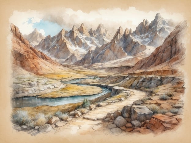 Auf dem Bild ist eine beeindruckende Landschaft zu sehen, die von hohen Bergen und einem sanft geschwungenen Fluss geprägt ist. Die Farben sind warm und erdverbunden, was eine friedliche und ruhige Atmosphäre schafft.Kulturelle Schätze entlang der Wanderwege könnten möglicherweise alte Handelsrouten oder traditionelle Pfade sein, die von früheren Zivilisationen genutzt wurden. Es könnten auch Überreste von historischen Stätten, wie Ruinen oder religiösen Stätten, in der Umgebung zu finden sein, die die reiche Geschichte der Region widerspiegeln. Solche Landschaften laden dazu ein, die Natur zu erkunden und zugleich die kulturellen Hintergründe der Region zu entdecken.