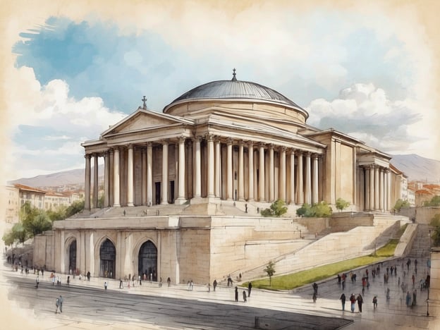 Auf dem Bild ist ein beeindruckendes Gebäude mit einer großen Kuppel und einer klassischen Säulenarchitektur zu sehen. Es erinnert an die monumentalen Bauwerke, die oft in Städten mit reicher Geschichte wie Skopje erbaut wurden. Skopje, die Hauptstadt Nordmazedoniens, hat einen faszinierenden architektonischen Mix, der von der Antike bis zur Moderne reicht.Die Stadt erlebte im Laufe der Jahrhunderte viele Veränderungen und war Zeugin wichtiger historischer Ereignisse. Nach dem Erdbeben von 1963 wurde ein großer Teil der Stadt neu gestaltet, und es entstanden viele neue Gebäude, die sowohl moderne als auch traditionelle Elemente verkörpern. Das dargestellte Bauwerk könnte symbolisch für den Wunsch nach kultureller Identität und Wiederaufbau stehen, die Skopje geprägt haben.