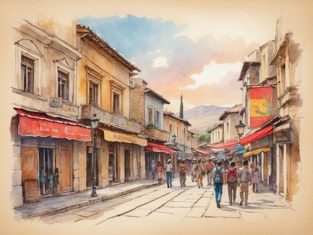 Auf dem Bild ist eine malerische Straße zu sehen, die an einem sonnigen Tag belebt ist. Die Architektur der Gebäude zeigt eine Mischung aus traditionellem und modernem Stil, was typisch für Skopje ist. Die Menschen schlendern die Straße entlang, unterhalten sich und genießen die Atmosphäre.Die kulturelle Vielfalt in Skopje spiegelt sich in dieser Szenerie wider, da die Stadt Einflüsse aus verschiedenen Epochen und Kulturen vereint. Geschäfte und Cafés mit bunten Markisen laden zum Verweilen ein und tragen zur lebendigen Atmosphäre bei. Die Umgebung zeigt, wie Tradition und Moderne harmonisch nebeneinander existieren und ein Gefühl von Gemeinschaft und interkulturellem Austausch schaffen.