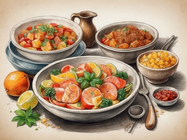 Auf dem Bild sind verschiedene Gerichte zu sehen, die die Vielfalt der mazedonischen Küche widerspiegeln. In den Schalen befinden sich bunte Salate mit frischem Gemüse und Früchten, die typischerweise in mazedonischen Mahlzeiten verwendet werden.Die überwiegend mediterranen Zutaten, wie zum Beispiel Paprika, Zwiebeln und Zitrusfrüchte, sind charakteristisch für die Region. Dazu könnten auch traditionelle Beilagen wie das würzige Gericht mit Fleisch oder Kartoffeln, das ebenfalls auf dem Bild zu erkennen ist, gehören.Die mazedonische Küche zeichnet sich durch ihre gesunden, frischen Zutaten und ihre Aromenvielfalt aus, die sowohl die Einflüsse der Balkanregion als auch mediterraner Traditionen vereint.