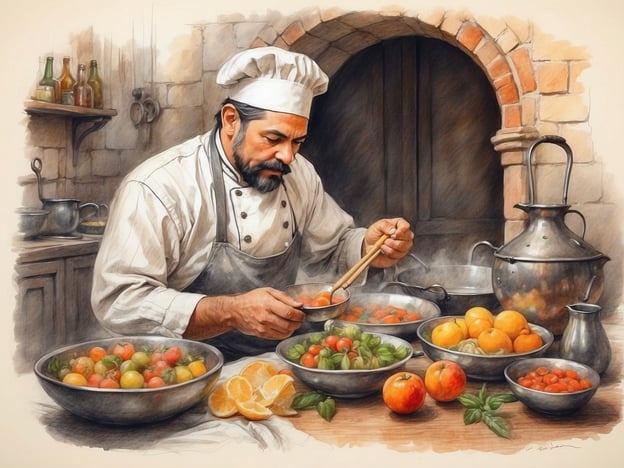 Auf dem Bild ist ein Koch zu sehen, der mit verschiedenen Zutaten in einer traditionellen Küche arbeitet. Vor ihm stehen Schalen mit frischen Tomaten, Orangen und Kräutern. Diese Darbietung von frischem Essen reflektiert die Bedeutung von Nahrung in der mazedonischen Kultur, die stark von Familientraditionen und Gemeinschaft geprägt ist.Essen wird in Nordmazedonien oft als ein zentraler Bestandteil sozialer Interaktionen betrachtet. Gemeinsame Mahlzeiten sind eine Gelegenheit, Beziehungen zu stärken und Geschichten auszutauschen. Die Verwendung von frischen, saisonalen Zutaten ist typisch für die mazedonische Küche und spiegelt den Respekt vor der Natur und den lokalen Produkten wider.Zusammenfassend zeigt das Bild nicht nur das Handwerk des Kochens, sondern auch die kulturelle Bedeutung von Essen als Teil des sozialen Lebens und der Tradition in Mazedonien.