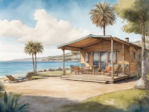 Ein gemütliches Holzhaus mit Veranda steht direkt am Strand von Roompot Park - Camping L'Air Marin. Palm- und andere Bäume umgeben das Haus, das einen Blick auf das ruhige Wasser bietet. Vor der Veranda stehen Gartenmöbel, darunter Liegen und Stühle, die einladend wirken. Die Umgebung ist grün und einladend, mit wenigen Steinen am Wasserrand und sanften Wellen im Hintergrund. Der Himmel ist klar mit einigen weißen Wolken, was eine friedliche Atmosphäre schafft.