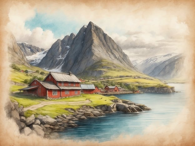 Auf dem Bild ist eine malerische norwegische Landschaft zu sehen, die typisch für Norwegens kulturelles Erbe ist. Im Vordergrund stehen charakteristische rote Holzhäuser, die oft als „rorbuer“ bezeichnet werden und traditionell von Fischern genutzt wurden. Diese sind von einer üppigen, grünen Landschaft umgeben, während im Hintergrund majestätische Berge und ein ruhiger Fjord sichtbar sind.Die Landschaft spiegelt die enge Verbindung der Norweger zur Natur wider, die sich auch in ihrer Architektur und Lebensweise zeigt. Die Verwendung von rot gestrichenen Holzgebäuden ist eine häufige Tradition in Norwegen, die praktische funktionale Eigenschaften mit ästhetischem Wert vereint. Die Szene vermittelt ein Gefühl von Ruhe und idyllischem Leben in der Natur, was ein wichtiger Aspekt der norwegischen Kultur und Identität ist.