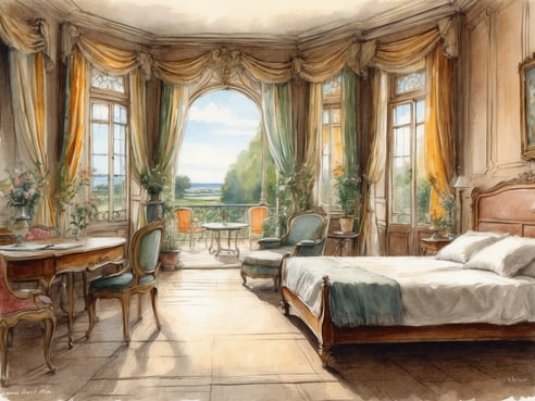 Das Bild zeigt ein elegantes Schlafzimmer in einem stilvollen Interieur mit großen Fenstern, die einen herrlichen Blick auf die Landschaft bieten. Das Zimmer verfügt über ein großes Bett mit weißer Bettwäsche und einer dekorativen Decke. Neben dem Bett steht ein kleiner Tisch mit einer Lampe. An der Wand hängen kunstvolle Vorhänge in hellen Farben, während eine Vase mit Blumen auf einem Tisch in der Nähe steht. Auf dem Balkon im Hintergrund sind zwei Stühle und ein Tisch zu sehen, die ideal für entspannte Stunden im Freien sind. Die Gesamtatmosphäre vermittelt ein Gefühl von Eleganz und Komfort, ideal für einen Aufenthalt im Roompot Park - SOWELL Résidences Les Mazets.