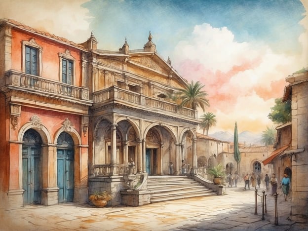 Auf dem Bild ist eine malerische architektonische Szenerie zu sehen, die vermutlich ein historisches Gebäude darstellt. Die Kombination aus Säulen, Bögen und kunstvollen Details deutet auf einen neoklassizistischen oder barocken Baustil hin, der oft in südeuropäischen Ländern zu finden ist. Die farbenfrohen Fassaden und die Verwendung von Terrakotta-Tönen spiegeln die mediterrane Architektur wider, die sich durch große Fenster und Balkone auszeichnet.In vielen mediterranen Städten sind solche Plätze zentrale Treffpunkte, die nicht nur für ihre architektonische Schönheit bekannt sind, sondern auch als Kulisse für kulturelle Veranstaltungen und Märkte dienen. Die Anwesenheit von Palmen und die sanfte Beleuchtung am Himmel vermitteln ein Gefühl von Wärme und Entspannung, was typisch für den Lebensstil in diesen Regionen ist.Historisch betrachtet könnten solche Gebäude als Theatern oder Regierungsgebäuden fungiert haben, die zur Förderung der lokalen Kultur und Kunst wesentlich sind. Plätze wie dieser sind häufig Stätten des sozialen Austauschs und der Tradition, wo Menschen zusammenkommen, um das geschäftige Treiben und die lebendige Kultur zu genießen.