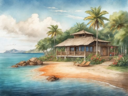 Ein idyllisches Strandhaus steht am Ufer einer ruhigen, türkisfarbenen Bucht. Die Umgebung ist von üppiger grüner Vegetation und Palmen gesäumt. Vor dem Haus befinden sich zwei gemütliche Liegestühle auf feinem, hellen Sandstrand. Im Hintergrund sind sanfte Hügel und ein bewölkter Himmel zu sehen, während einige Vögel am Horizont fliegen. Die Atmosphäre wirkt entspannt und einladend.
