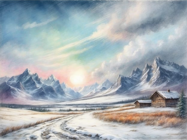 Auf dem Bild ist eine wunderschöne Winterlandschaft zu sehen, die typisch für Norwegen ist. Die schneebedeckten Berge erheben sich majestätisch im Hintergrund, ihre Spitzen glitzen im Sonnenlicht. Die sanften Farbtöne des Himmels, insbesondere die rosa und blauen Nuancen, schaffen eine malerische Atmosphäre.Im Vordergrund führt ein verschneiter Weg durch die winterliche Landschaft, umgeben von einer Mischung aus schneebedecktem Gras und braunen Halmen, die dem Bild Textur verleihen. Die rustikalen Holzhütten vermitteln ein Gefühl von Gemütlichkeit und Tradition, während die wilden, unberührten Berge die raue Schönheit und Abgeschiedenheit der norwegischen Natur widerspiegeln. Diese Landschaft kombiniert eindrucksvoll die klare Kälte des Winters mit warmer, einladender Zivilisation.