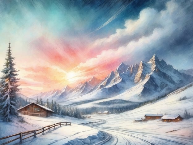 Auf dem Bild ist eine malerische Winterlandschaft zu sehen, die die Reize eines Winterurlaubs in Norwegen wunderbar einfängt. Die schneebedeckten Berge erheben sich majestätisch im Hintergrund, während sich der Himmel in sanften Pastellfarben rötet, was auf einen wunderschönen Sonnenaufgang hinweist.Im Vordergrund stehen einige liebevoll gestaltete Holzhäuser, umgeben von schneebedeckten Fichten, die eine gemütliche und einladende Atmosphäre schaffen. Der Weg, der sich durch die weiße Landschaft schlängelt, lädt zu winterlichen Abenteuern wie Schlittenfahrten oder Skiwanderungen ein.Diese Szenerie verspricht die Ruhe und Schönheit der norwegischen Natur, ideal für eine Auszeit im Winter, wo man die frische Luft und die unberührte Umgebung genießen kann.