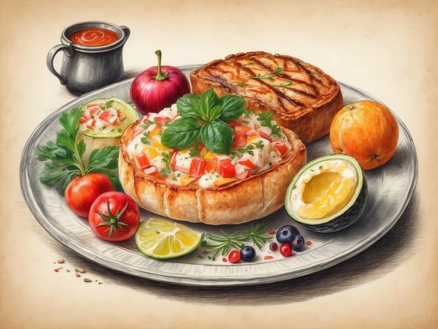 Auf dem Bild ist ein Festmahl zu sehen, das verschiedene köstliche Speisen zeigt, die die Vielfalt der norwegischen Küche widerspiegeln. Im Mittelpunkt steht eine herzhafte Tart oder Quiche, die gefüllt ist mit frischem Gemüse und vielleicht ein paar Meeresfrüchten, was typisch für die Küchenkultur Norwegens ist.Zudem sind frische Tomaten, Kräuter und eine Avocado mit einem gekochten Ei zu sehen, die gesunde und frische Zutaten betonen. Das Getränk in der kleinen Kanne könnte ein traditioneller Saft oder ein Kräutertee sein, der oft zu solchen Gerichten serviert wird. Die ansprechende Präsentation und die Farbvielfalt unterstreichen die gesunde und abwechslungsreiche Natur der norwegischen Esskultur, die stark von der frischen, regionalen Zutaten geprägt ist.