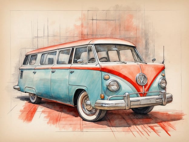 Auf dem Bild ist ein historischer Volkswagen Bus zu sehen, der auffällig in pastelartigen Farben, insbesondere Blau und Rot, gehalten ist. Diese Art von Fahrzeug hat einen nostalgischen Charme, der oft mit Freiheit und Abenteuer assoziiert wird.Moderne Interpretationen zeigen, dass solche Oldtimer immer mehr in den Fokus von Liebhabern und Sammlern rücken. Der Trend des „Vintagestyle“ und der retro-inspirierten Mobilität gewinnt an Bedeutung, insbesondere bei jüngeren Generationen, die den Lifestyle der 60er und 70er Jahre wiederbeleben möchten.Zusätzlich wird der Bus oft als Symbol für nachhaltige Mobilität betrachtet, da viele Fahrer heutzutage versuchen, Oldtimer zu restaurieren und auf umweltfreundliche Antriebe umzurüsten. Das Bild spiegelt somit nicht nur eine bestimmte Epoche wider, sondern auch aktuelle gesellschaftliche Trends, wie das Streben nach Authentizität und umweltbewusstem Leben.