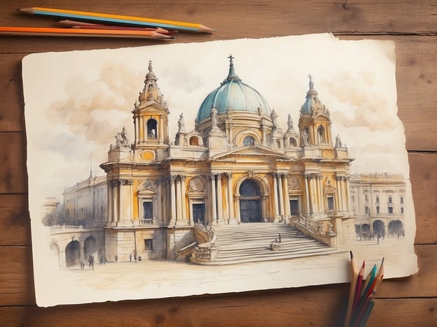 Auf dem Bild ist eine aquarellierte Skizze eines majestätischen Gebäudes mit gewölbtem Dach und barocken Architekturelementen zu sehen. Die Struktur hat verzierten Säulen, zahlreiche Statuen und eine beeindruckende Treppe.Der Einfluss dieser Architektur auf Kunst und Architektur ist bedeutend. Der Barockstil, der hier dargestellt wird, steht für Pracht und Bewegtheit. Gebäude dieser Art zeichnen sich durch komplexe Formen, dynamische Linien und eine opulente Dekoration aus. Künstler und Architekten jener Zeit suchten oft nach Wegen, Emotionen und eine gewisse Dramatik zu vermitteln, was sich sowohl in der Architektur als auch in Malerei und Skulptur widerspiegelte. Diese Stilrichtung beeinflusste die Gestaltung öffentlicher Räume und die Wahrnehmung von Macht und Spiritualität in urbanen Landschaften.