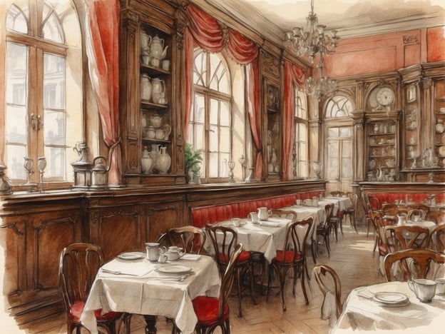Auf dem Bild ist ein stilvolles, klassisches Café zu sehen, das an die traditionelle Wiener Kaffeehauskultur erinnert. Die eleganten Holzmöbel, die runden Tische mit weißen Tischtüchern und die gemütlichen roten Polster laden zum Verweilen ein. Große Fenster lassen viel Licht herein, und die prächtigen Vorhänge sowie die dekorativen Elemente schaffen eine ansprechende Atmosphäre.Die Kaffeehauskultur in Wien hat eine lange Geschichte, die bis ins 17. Jahrhundert zurückreicht. Diese Orte waren nicht nur für den Genuss von Kaffee bekannt, sondern auch als Treffpunkte für Intellektuelle, Künstler und Schriftsteller. Sie boten einen Raum für Diskussion, Austausch von Ideen und kreative Inspiration. Das abgebildete Café könnte ein idealer Ort für solche Begegnungen gewesen sein, in dem man bei einer Tasse Kaffee die Zeit verbringen und die Gesellschaft anderer genießen konnte.