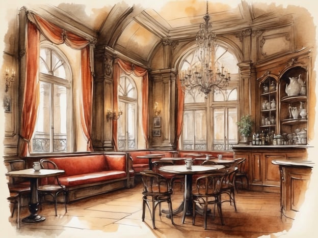 Das Bild zeigt eine stilvolle Einrichtung, die typisch für Wiener Kaffeehäuser ist. Die Atmosphäre wirkt elegant und gemütlich zugleich. Höhere Decken und große Fenster geben dem Raum Licht und Weite, während die roten Vorhänge und die warmen Holztöne eine einladende Melancholie ausstrahlen.Die Tische sind klein und laden zum Verweilen ein, was typisch für die Kultur des Kaffees Trinkens in Wien ist, wo Geselligkeit und Gespräche im Mittelpunkt stehen. Stühle im klassischem Design sowie eine charmante Theke mit verschiedenen Utensilien wirken nostalgisch und spiegeln die traditionsreiche Kaffeehauskultur wider.Ein Kronleuchter ergänzt das Ambiente, indem er eine besondere Atmosphäre schafft, die sowohl inspirierend als auch entspannend ist. Insgesamt vermittelt der Raum ein Gefühl von Tradition, Gemütlichkeit und Zeitlosigkeit, das in den Wiener Kaffeehäusern geschätzt wird.