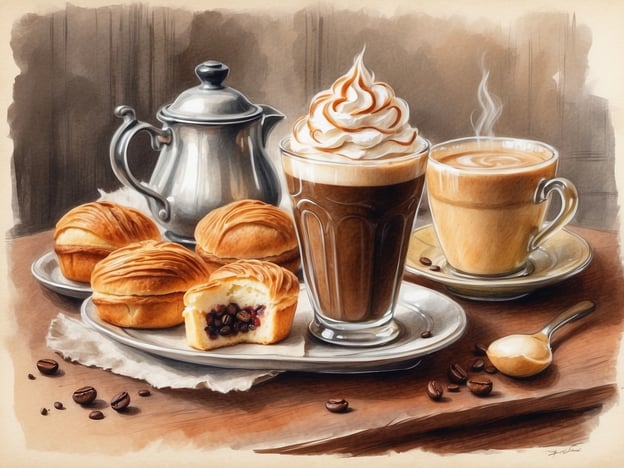 Auf dem Bild sind köstliche Getränke und Gebäck zu sehen, die typische kulinarische Highlights in den Wiener Kaffeehäusern repräsentieren. Im Vordergrund steht ein schaumiger Melange, die Wiener Art Kaffee, oft mit einer Haube aus cremigem Milchschaum. Daneben befindet sich ein kleinerer Kaffee, möglicherweise ein Espresso oder ein Verlängerter.Auf dem Teller liegen frisch gebackene Kipferl, eine traditionelle österreichische Gebäckart, die oftmals mit einer schokoladigen oder nussigen Füllung versehen ist. Die Kombination aus Kaffee und Gebäck spiegelt die gemütliche Atmosphäre der Wiener Kaffeehäuser wider, wo man gerne verweilt und das kulinarische Angebot genießt. Dazu gesellen sich einige Kaffeebohnen, die das Aroma des ikonischen Heißgetränks unterstreichen.