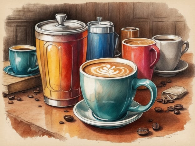 Auf dem Bild sind verschiedene Tassen und Kaffeebehälter zu sehen, die ein einladendes Kaffee-Szenario schaffen. Hier sind einige Geheimtipps für Kaffeeliebhaber:1. **Kaffeebohnensorten**: Experimentiere mit verschiedenen Bohnensorten wie Arabica und Robusta. Arabica hat einen milderen Geschmack, während Robusta mehr Koffein und eine stärkere Note bietet.2. **Frisch mahlen**: Mahle deine Kaffeebohnen frisch, kurz bevor du sie brühst. Dies sorgt für maximales Aroma und Geschmack.3. **Wassertemperatur**: Achte auf die Wassertemperatur. Ideale Bruhtemperatur liegt zwischen 90 und 96 Grad Celsius, um die Aromen optimal hervorzuheben.4. **Brühzeiten**: Experimentiere mit der Brühzeit! Für einen French Press solltest du etwa 4 Minuten ziehen lassen, während ein Espresso nur etwa 25-30 Sekunden benötigt.5. **Latte Art**: Übe das Latte Art, um deinen Kaffee nicht nur geschmacklich, sondern auch visuell aufzuwerten. Es macht jeden Kaffee zu einem kleinen Kunstwerk!Diese Tipps helfen dir, deiner Kaffeekunst einen besonderen Touch zu verleihen!
