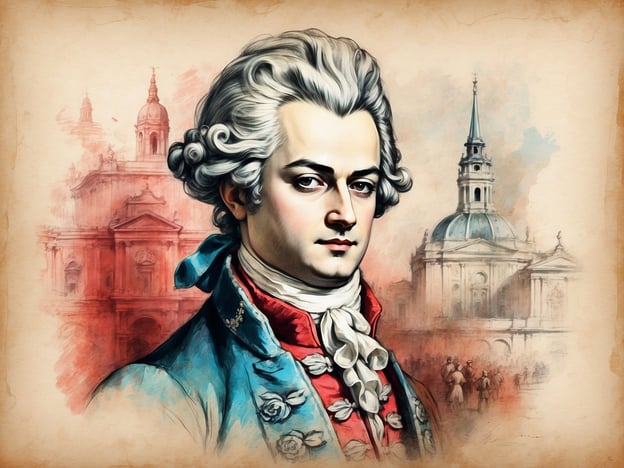 Auf dem Bild ist eine stilisierte Darstellung einer historischen Figur, die an Wolfgang Amadeus Mozart erinnert. Mozart wurde 1756 in Salzburg geboren und hinterließ dort zahlreiche Spuren. Seine Kindheit und Jugend waren stark mit dieser Stadt verbunden, wo er seine ersten Kompositionen schrieb und viele seiner berühmtesten Werke skizzierte.In Salzburg gibt es heute viele Orte, die an ihn erinnern, wie zum Beispiel sein Geburtshaus in der Getreidegasse und das Mozarteum, eine renommierte Musikhochschule. Jedes Jahr finden in Salzburg die berühmten Salzburger Festspiele statt, die auch Mozarts Werk gewidmet sind. Er gilt als einer der bedeutendsten Komponisten der klassischen Musik und seine Musik wird weltweit geschätzt.