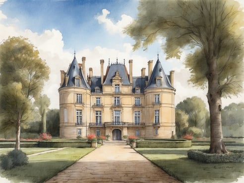 Das Bild zeigt das Château des Marais, ein beeindruckendes historisches Gebäude mit einer eleganten Fassade aus hellen Steinblöcken und typischen Ziegeldächern. Die Architektur ist geprägt von Türmen und Erkern, die dem Bauwerk einen majestätischen Charakter verleihen. Im Vordergrund verläuft ein gepflasterter Weg, der zum Eingang des Schlosses führt. Umgeben ist das Schloss von gepflegten Gärten mit grünen Hecken und bunten Blumenbeeten, die in voller Blüte stehen. Große Bäume im Hintergrund sorgen für eine angenehme Atmosphäre und Schatten. Der Himmel ist klar und hell, was dem Bild eine freundliche Ausstrahlung verleiht.
