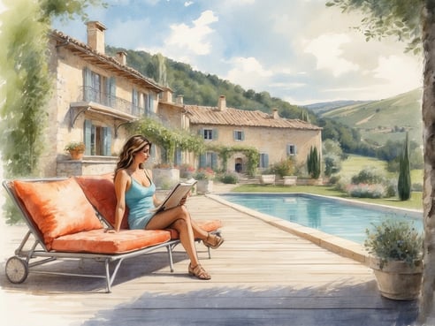 Eine Frau sitzt entspannt auf einer Liege am Pool eines Ferienhauses. Sie trägt ein blaues Kleid und liest ein Buch. Im Hintergrund ist ein malerisches Steinhaus mit einem Dach aus Dachziegeln zu sehen, umgeben von einer grünen Landschaft und Bäumen. Der Pool spiegelt den Himmel wider und die Terrasse ist mit blühenden Pflanzen dekoriert. Sonnenschein und blauer Himmel schaffen eine entspannte Urlaubsatmosphäre.