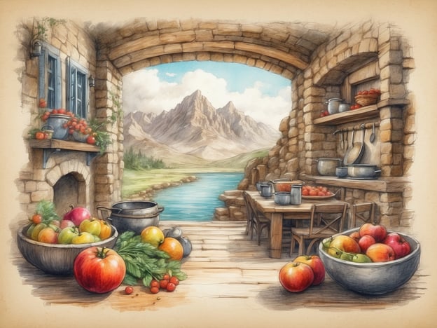 Auf dem Bild ist eine idyllische Küche zu sehen, die in eine malerische Landschaft mit Bergen und einem Fluss eingebettet ist. Auf einem Tisch und in Schalen liegen verschiedene frische Früchte und Gemüse, was auf eine einladende und rustikale Atmosphäre hindeutet.Zu kulinarischen Geheimtipps abseits der Touristenpfade:1. **Regionaler Marktbesuch**: Besuchen Sie lokale Bauernmärkte, um frisches, saisonales Obst und Gemüse direkt vom Erzeuger zu beziehen. Dort können Sie oft auch einzigartige regionale Spezialitäten entdecken.2. **Kochkurse**: Suchen Sie nach kleinen Kochschulen oder privaten Kursen, wo Sie traditionelle Rezepte lernen und regionale Zutaten verwenden können. Oft bieten Einheimische ihre Kenntnisse an und teilen echte Geheimtipps.3. **Familienbetriebe**: Statt in großen Restaurants zu essen, probieren Sie familiengeführte Betriebe oder kleine Tavernen. Dort können Sie oft authentische Gerichte kosten, die nach alten Rezepten zubereitet werden.4. **Picknick am Fluss**: Nutzen Sie die Umgebung und nehmen Sie frische Produkte mit, um ein einfaches Picknick am Wasser zu genießen. Kombinieren Sie lokale Käsesorten mit frischen Früchten und handwerklichem Brot.5. **Versteckte Weingüter**: Entdecken Sie weniger bekannte Weingüter, die Weinproben in einem intimen Rahmen