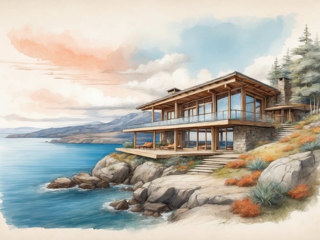 Auf dem Bild ist eine moderne Holz- und Steinarchitektur zu sehen, die harmonisch in eine naturnahe Küstenlandschaft integriert ist. Die große Fensterfront ermöglicht einen unverstellten Blick auf das Meer und die umliegenden Berge, was die Verbindung zwischen Innen- und Außenraum unterstreicht.Ein Beispiel für gelungene Architektur-Natur-Integration ist das "Fallingwater"-Haus von Frank Lloyd Wright, das über einen Wasserfall gebaut wurde und die Natur in das Wohnkonzept einbezieht. Ein weiteres Beispiel ist das "Glass House" von Philip Johnson, das durch seine transparente Bauweise die umgebende Landschaft nahezu nahtlos ins Innere bringt.Ähnlich wie in diesen Beispielen verschmilzt die dargestellte Architektur mit der natürlichen Umgebung, fährt die natürlichen Materialien wie Holz und Stein auf und nutzt die topografischen Gegebenheiten optimal aus. Die Pflanzen und die Küstenlandschaft um das Haus herum ergänzen das Gesamtbild und schaffen ein harmonisches Zusammenspiel von Architektur und Natur.