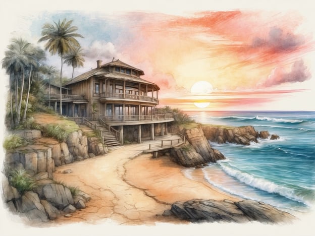 Auf dem Bild ist ein malerisches Strandhaus zu sehen, das an einer Küste steht. Die Szene zeigt eine entspannte Atmosphäre mit Palmen und einem wunderschönen Sonnenuntergang über dem Meer.Aktivitäten, die man hier genießen könnte, sind:- **Schwimmen** im klaren Wasser.- **Spaziergänge** am Strand entlang, um die Aussicht zu genießen.- **Sonnenbaden** auf dem weichen Sand.- **Surfen** oder andere Wassersportarten, da die Wellen eine ideale Gelegenheit bieten.- **Entspannen** auf der Veranda des Hauses, um die ruhige Umgebung zu genießen.Sehenswürdigkeiten könnten die beeindruckende Küstenlandschaft und die Vielfalt der Meeresfauna sein, die man beim Schnorcheln oder Tauchen entdecken kann.