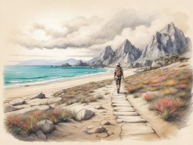 Auf dem Bild ist ein Wanderer zu sehen, der auf einem schönen, naturbelassenen Weg entlang einer Küste spaziert. Die beeindruckenden Berge im Hintergrund sowie der Strand und das klare, türkisblaue Wasser bieten eine malerische Kulisse. Diese Szene lädt zu verschiedenen Aktivitäten und Freizeitmöglichkeiten ein:1. **Wandern**: Der Weg eignet sich hervorragend für ausgedehnte Wanderungen in der Natur.2. **Strandbesuche**: Der nahegelegene Strand bietet die Möglichkeit zum Entspannen, Schwimmen oder Picknicken.3. **Fotografie**: Die schöne Landschaft ist ideal für Foto- und Malerlebnisse.4. **Vogelbeobachtung**: In solch einer Umgebung kann man oft verschiedene Vogelarten beobachten.5. **Naturerkundung**: Es gibt viele Möglichkeiten, die Flora und Fauna der Region zu erkunden.Insgesamt vermittelt das Bild ein Gefühl von Freiheit und Erholung in der Natur.