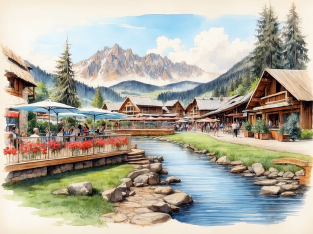 Auf dem Bild ist eine malerische Szenerie mit einem kleinen Fluss, umgeben von gemütlichen Holzhäusern und Terrassen. Die Menschen scheinen in einem Freiluftcafé zu sitzen, was auf eine entspannte Atmosphäre hindeutet.In und um Bad Lauterberg bieten sich viele Aktivitäten an, wie Wandern in der malerischen Natur, Radfahren entlang der zahlreichen Wege, oder einfach das Genießen der lokalen Gastronomie in den Cafés und Restaurants. Auch Wellnessangebote in den Thermen sind beliebt. Die Umgebung lädt ein, die frische Luft zu genießen und die Ruhe der Natur zu erleben.