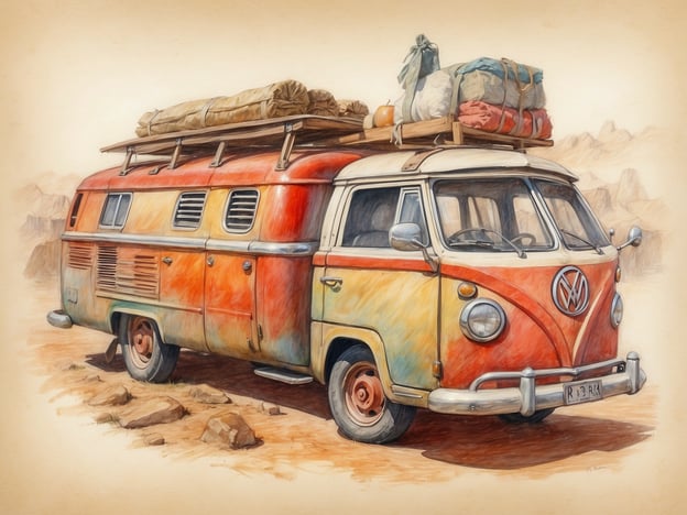 Auf dem Bild ist ein bunt bemaltes Volkswagen-Campingfahrzeug zu sehen, das auf einem felsigen Untergrund steht. Solche Fahrzeuge sind eng mit der Reise- und Campingkultur verbunden und symbolisieren Abenteuer und Freiheit.Die Volkskultur spielt im Tourismus eine entscheidende Rolle, indem sie authentische Erlebnisse und Traditionen vermittelt. Ein Bus wie dieser könnte Touristen anziehen, die eine Verbindung zur Geschichte des Reisens und zur Kultur des Campens suchen. Er erinnert an die hippie Bewegung und die Sehnsucht nach einem Leben im Einklang mit der Natur, was für viele Reisende auch heute noch von großer Bedeutung ist.Zusammengefasst verkörpert das Bild nicht nur ein beliebtes Fortbewegungsmittel, sondern auch eine Lebensweise, die in vielen touristischen Destinationen zelebriert wird – eine Verbindung zwischen kulturellem Erbe und modernem Tourismus.
