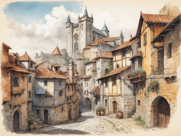 Auf dem Bild ist eine malerische Straße mit historischen Gebäuden zu sehen, die an die Architektur und Atmosphäre von Krakau erinnert. Die Häuser sind aus Stein und Holz, mit roten Ziegeldächern und bunten Blumenkästen, die eine einladende Stimmung vermitteln. Im Hintergrund erhebt sich ein imposantes Schloss oder eine Kirche, das an das Wawel-Schloss erinnert.Die Geschichte von Krakau ist reich an Legenden und Traditionen, darunter die berühmte Sage vom Wawel-Drachen, der einst die Stadt bedrohte. Krakau war ein bedeutendes Zentrum für Kultur und Politik und ist heute eine der schönsten Städten Polens, bekannt für ihre historischen Stätten, darunter den Marktplatz mit dem Tuchhallen und die beeindruckende Marienkirche. Die dargestellte Szene fängt die zeitlose Schönheit und das historische Flair dieser wichtigen Stadt ein.