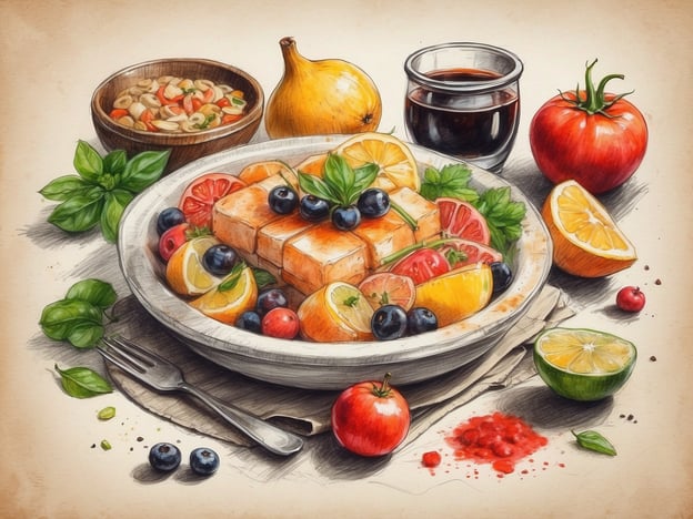 Auf dem Bild ist eine schöne Anrichtung von kulinarischen Spezialitäten zu sehen. Im Mittelpunkt steht eine frische Obstschale mit einer Vielzahl von Früchten, darunter Orangen, Limetten, Blaubeeren und Tomaten, die für ihre Frische und Farbvielfalt bekannt sind.Neben der Obstschale ist ein kleiner Holzteller mit einer Nudelgericht zu sehen, das als Beilage dienen könnte. Diese Nudelgerichte können an traditionelle Rezepte wie italienische Pasta oder asiatische Nudelgerichte erinnern.Ein kleines Glas mit einer dunklen Flüssigkeit könnte als Sauce oder Dressing interpretiert werden, während die frischen Kräuter wie Basilikum dem Gericht nicht nur Geschmack, sondern auch ein aromatisches Element hinzufügen.Insgesamt handelt es sich um eine ansprechende Komposition, die sowohl die Frische als auch die Vielfalt von Zutaten zelebriert, die in vielen traditionellen Küchen geschätzt werden.
