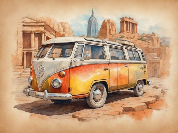 Auf dem Bild ist ein klassischer VW-Bully (Volkswagen Transporter) zu sehen, der in einer historisch anmutenden Umgebung geparkt ist. Im Hintergrund erkennt man monumentale Bauwerke, die an verschiedene Kulturen erinnern – von antiken Ruinen bis zu modernen Wolkenkratzern wie dem Empire State Building.Dieser Kontrast symbolisiert die kulturelle Vielfalt und den Dialog zwischen verschiedenen historischen Epochen und Kulturen. Der VW-Bully ist nicht nur ein Symbol der 1960er Jahre und der Hippie-Bewegung, sondern auch ein Zeichen für Reisen, Abenteuer und die Freiheit, die dazugehörigen Werte in einer multikulturellen Welt zu erkunden. Die Darstellung vereint Elemente der Geschichte, modernen Lebensstil und die Sehnsucht nach Erlebnissen in verschiedenen kulturellen Kontexten.