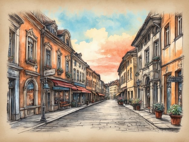 Auf dem Bild ist eine malerische Straße in einer Stadt zu sehen, die von historischen Gebäuden gesäumt ist. Die Architektur ist ansprechend, mit bunten Fassaden und Fenstern, die mit Blumenkästen dekoriert sind. Es gibt einige kleine Geschäfte oder Restaurants, die den Eindruck einer einladenden Atmosphäre vermitteln.In einem solchen Szenario könnten Übernachtungsmöglichkeiten wie gemütliche Boutique-Hotels oder Pensionen vorhanden sein, die einen direkten Blick auf die charmante Straße bieten. Diese Unterkünfte könnten den Gästen ermöglichen, die Umgebung zu Fuß zu erkunden und die lokale Kultur zu genießen. Die ruhige Umgebung und die idyllische Landschaft machen es zu einem idealen Ort für eine erholsame Auszeit.