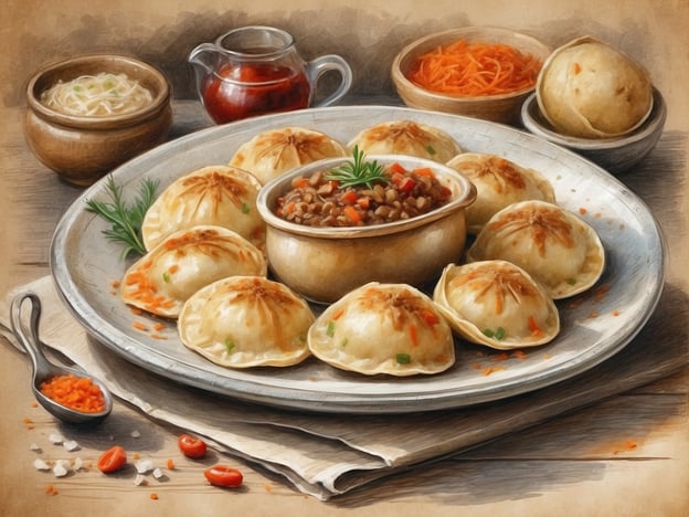 Auf dem Bild sind verschiedene Gerichte zu sehen, die an traditionelle polnische Speisen erinnern. Besonders hervorzuheben sind wahrscheinlich die Pierogi, das sind gefüllte Teigtaschen, die oft mit verschiedenen Füllungen wie Kartoffeln, Sauerkraut oder Fleisch zubereitet werden.Zusätzlich könnte die Schüssel mit der braunen Füllung eine Art von Linsensuppe oder Füllung darstellen, während die anderen Schalen mit Karotten und vielleicht kleinen Nudeln oder Salaten gefüllt sind. Diese Speisen sind typisch für die polnische Küche und werden häufig bei festlichen Anlässen serviert.