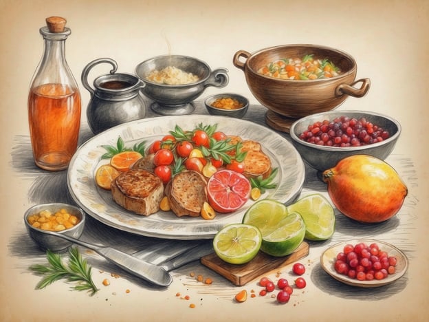 Auf dem Bild ist eine reichhaltige und farbenfrohe Auswahl an Speisen zu sehen, die verschiedene kulinarische Bräuche und Traditionen widerspiegeln. Im Mittelpunkt steht ein Teller mit Fleisch, der von frischen Tomaten, Zitrusfrüchten und Kräutern umgeben ist. Dies könnte auf mediterrane oder traditionelle europäische Küche hindeuten, wo frische Zutaten eine große Rolle spielen.Die Beilagen, darunter eine klare Brühe oder Gemüsesuppe in einem Tontopf, sind typisch für viele ländliche Esskulturen, in denen Hausmannskost geschätzt wird. Die Verwendung von saisonalem Gemüse zeigt den Respekt vor lokalen Ressourcen und Traditionen.Die Fruchtauswahl, einschließlich Äpfel, Limetten und einer Granatapfelähnlichen Frucht, spricht für das kulinarische Erbe vieler Kulturen, die frische und süße Aromen kombinieren. In vielen Ländern ist es üblich, zu Feiertagen oder festlichen Anlässen solche farbenfrohen und vielfältigen Gerichte zu servieren, um Gemeinschaft und Genuss zu feiern.Insgesamt spiegelt das Bild eine Liebe zur Vielfalt der Küche wider, die in zahlreichen Kulturen der Welt zu finden ist, wo das Teilen von Mahlzeiten einen zentralen Platz im sozialen und kulturellen Leben einnimmt.