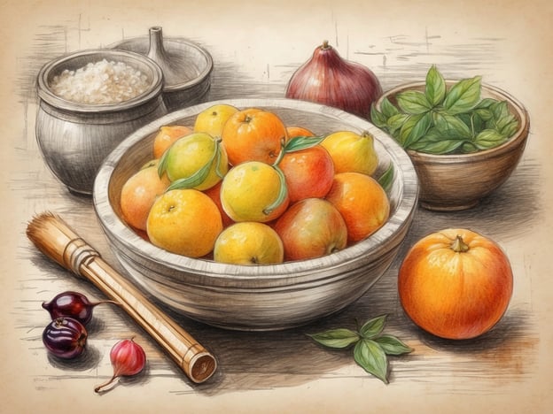 Auf dem Bild sind verschiedene Früchte, darunter Mandarinen, sowie Kräuter und andere Zutaten wie Reis zu sehen. Solche Lebensmittel sind in vielen internationalen Küchen verbreitet und zeigen die Vielfalt an Geschmäckern und Texturen.Die polnische Küche hat, ähnlich wie andere osteuropäische Küchen, auch Einfluss auf die internationale Gastronomie genommen. Zutaten wie Kohl, Wurstspezialitäten und Kartoffeln sind häufig in polnischen Gerichten zu finden und haben ihren Weg in die internationale Küche gefunden. Die Kombination von saisonalen Früchten mit Kräutern, wie im Bild dargestellt, ist ein Aspekt, der auch in der polnischen Kochtradition zu finden ist, wo oft frische, lokale Zutaten verwendet werden.Gerichte wie Pierogi nutzen oft Obstfüllungen und zeigen die Kreativität polnischer Köche. Diese Einflüsse können in vielen modernen Gerichten und internationalen Rezepten wiederentdeckt werden.