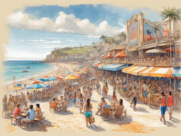 Auf dem Bild ist eine lebhafte Küstenlandschaft zu sehen, die von Sonnenstrahlen erhellt wird. Menschen genießen den Strand, während sie unter bunten Sonnenschirmen entspannen. Im Hintergrund erkennt man Gebäude, die eine typische Strandpromenade darstellen, möglicherweise mit Restaurants oder Geschäften.Kulturelle Highlights entlang der Küste könnten beispielsweise Strandfeste, Kunstausstellungen im Freien oder kulinarische Veranstaltungen sein, wo lokale Spezialitäten angeboten werden. Auch Sportarten wie Surfen oder Beachvolleyball könnten Teil des Freizeitangebots in solch einem Küstenort sein. Das Bild strahlt eine fröhliche, einladende Atmosphäre aus, die typisch für beliebte Urlaubsdestinationen ist.